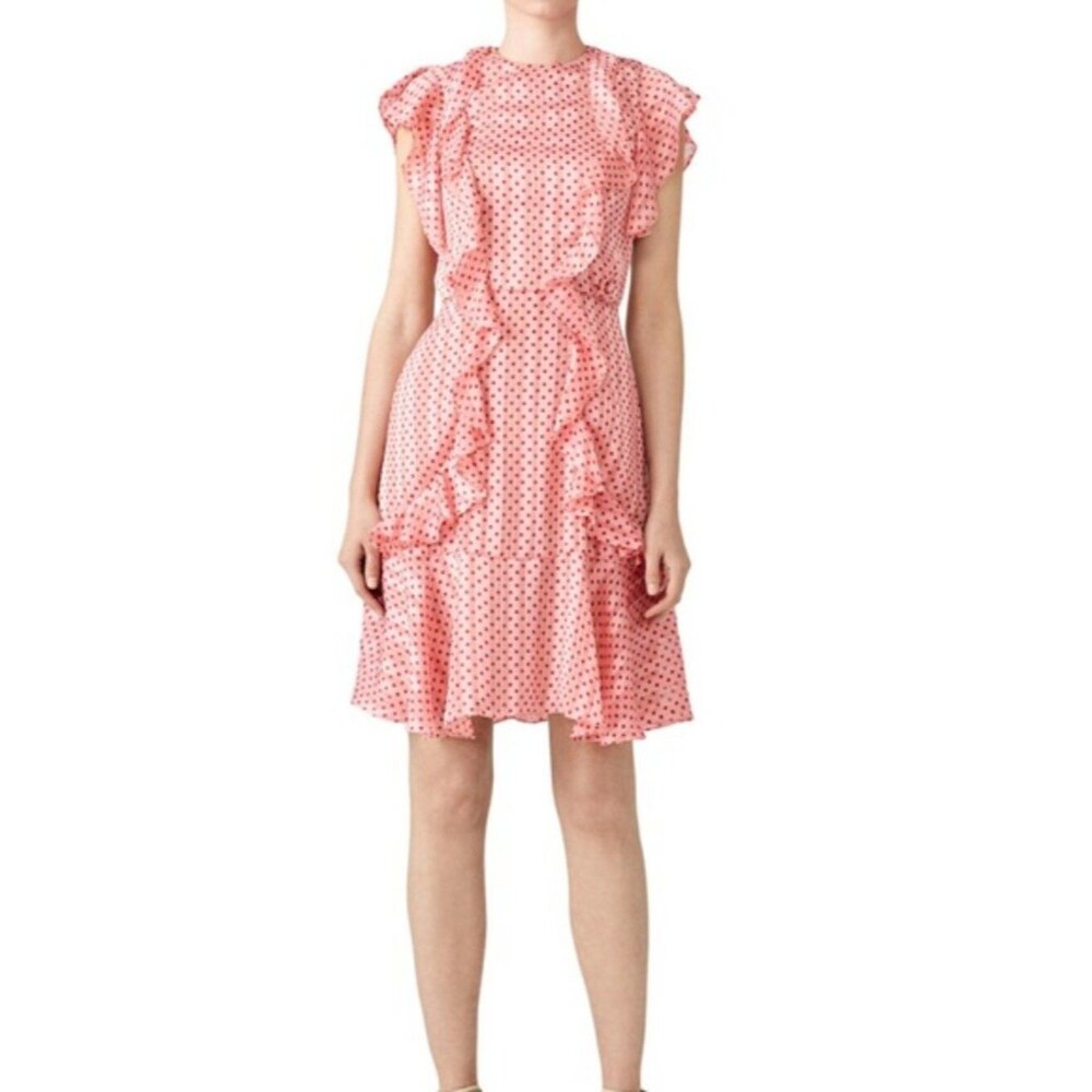 Monique Lhullier Chiffon Mini Dress Pink w/ Red Polka Dots Retro Dainty Ruffles - Picture 11 of 11